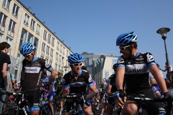 Michel Kreder, Cameron Meyer and Christian Vande Velde before the off