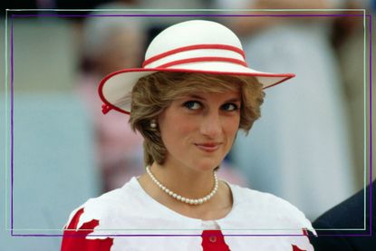 Close up of Princess Diana wearing a white and red hat