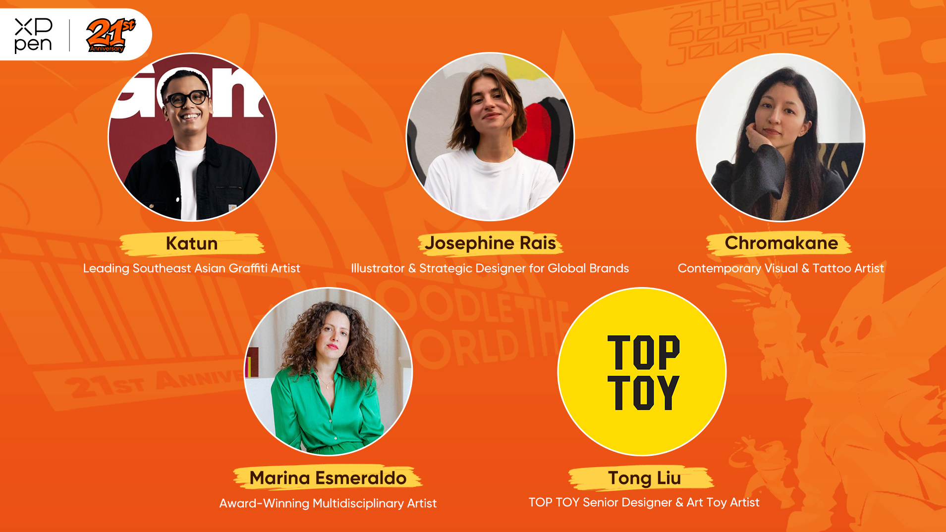 Photos of artists on an orange background