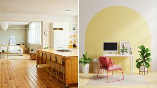 Compilation image of open-plan living with a desk area showing showing to highlight outdated interior design trends 2024