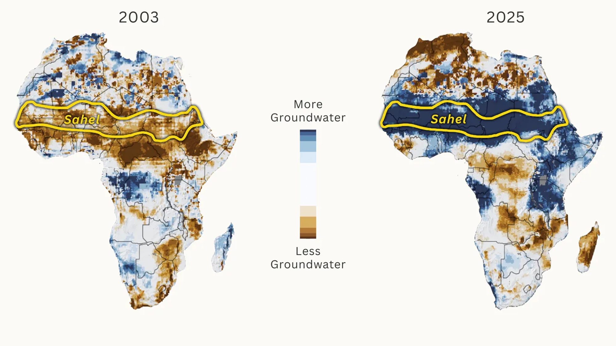 Two different heat maps of Africa showing water availability