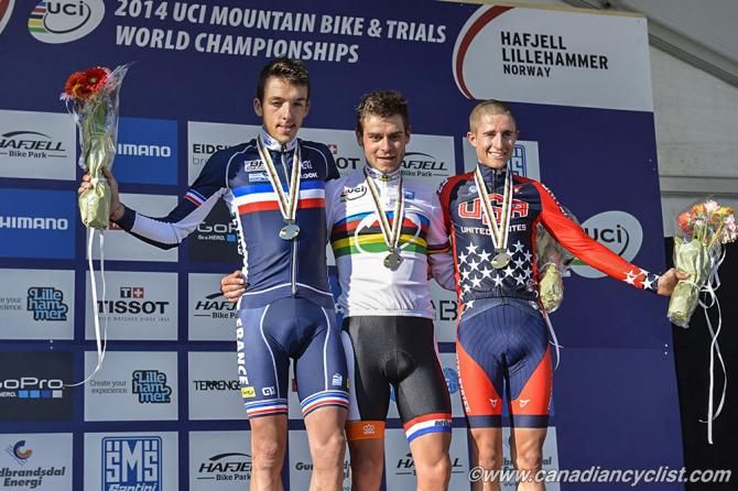 Under 23 men's cross country podium at the MTB World Championships: Jordan Sarrou, Michiel van der Heijden, Howard Grotts