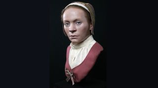 a facial reconstruction of a young woman in a bonnet