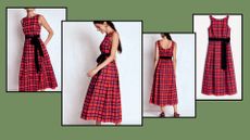 three model shots wearing the boden red tartan dress and a flat lay image