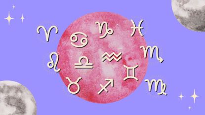 The zodiac signs and the pink full moon against a purple background