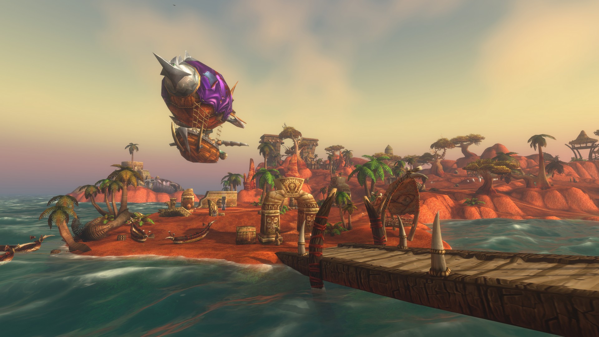 An airship hovers above the Darkspear Islands in World of Warcraft: Forever