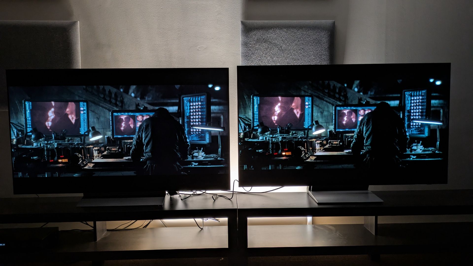 LG C6 (left) and Samsung S90H (right) showing shot of Bruce in the Batcave from The Batman. The S90H is set to Movie mode, which mitigates some black crush