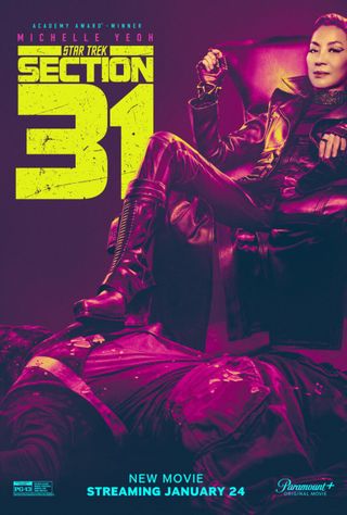 A purple and yellow promo poster of a woman sitting with her foot on a body