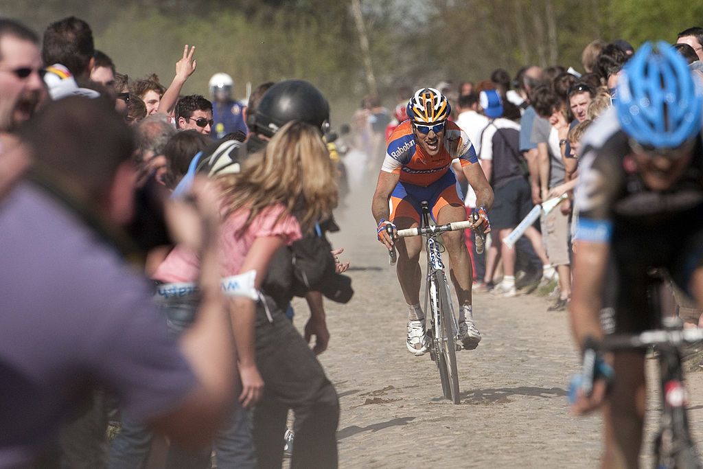 Dutch cyclist Maarten Tjallingii rides on the cobblestoned road during the ParisRoubaix oneday classic cycling race on April 10 2011 in Roubaix northern France Tjallingii finished in third place AFP PHOTO LIONEL BONAVENTURE Photo credit should read LIONEL BONAVENTUREAFP via Getty Images