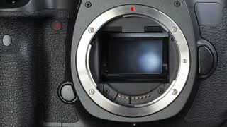 Close-up of a DSLR camera body with no lens attached, revealing the sensor inside a metal mount. The camera grip has a textured finish, conveying durability