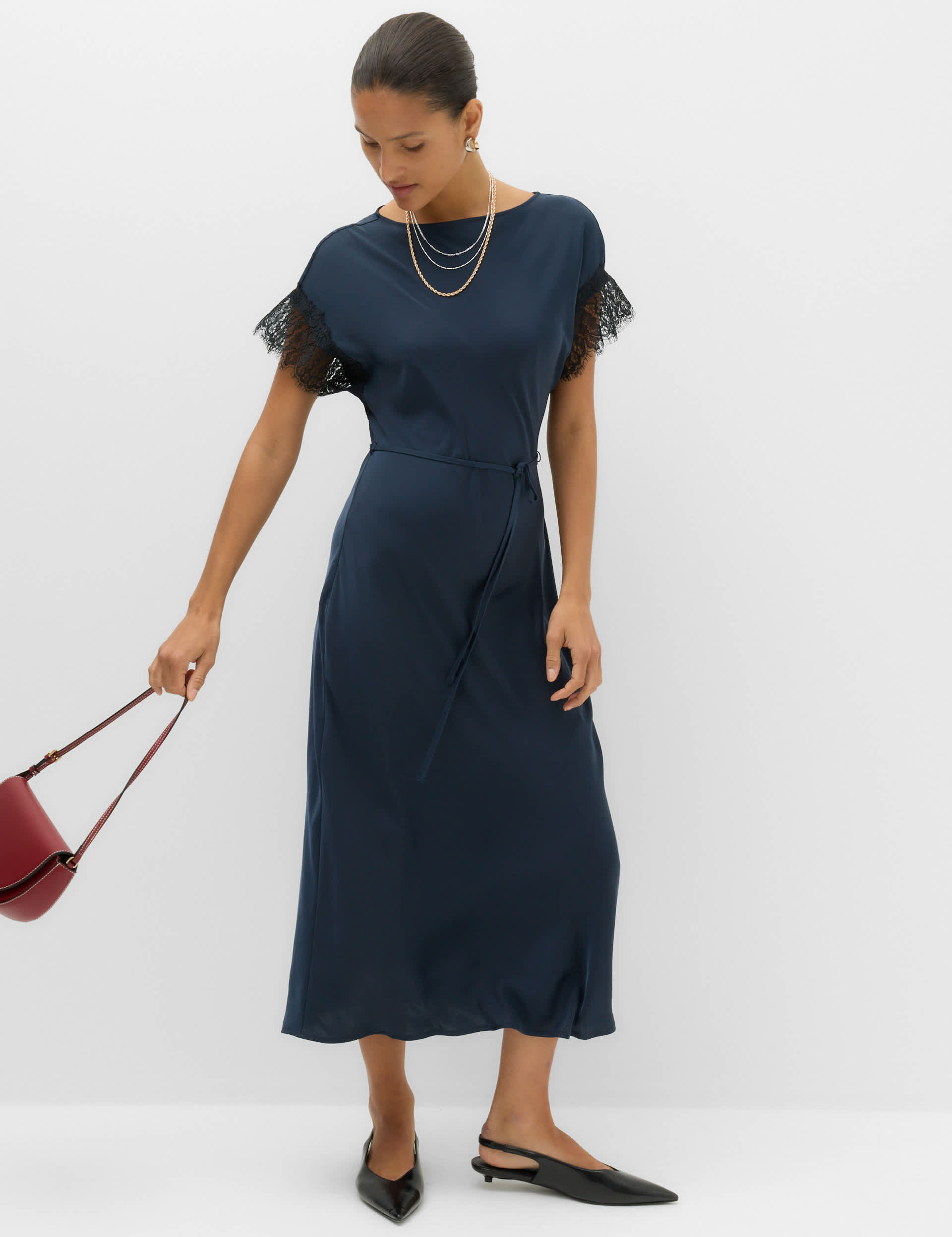 Satin Lace Insert Midi Waisted Dress