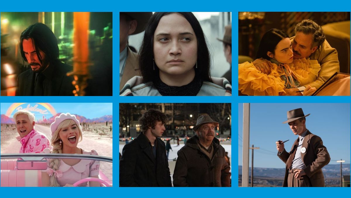 Collage with Keanu Reeves in John Wick: Chapter 4, Lily Gladstone in Killers of the Flower Moon, Emma Stone and Mark Ruffalo in Poor Thing, Ryan Gosling and Margot Robbie in Barbie, Dominic Sessa and Paul Giamatti in The Holdovers and Cillian Murphy in Oppenheimer