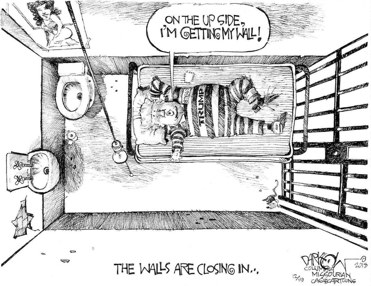 Political cartoon U.S. Trump prison cell border wall Mueller probe closing in