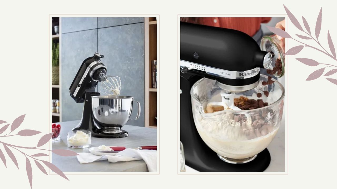 composite of two styled images of kitchen aid mixer 