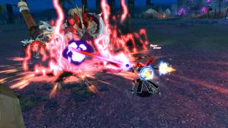 SoulWorker - A character uses a bright red lightning attack against a large enemy