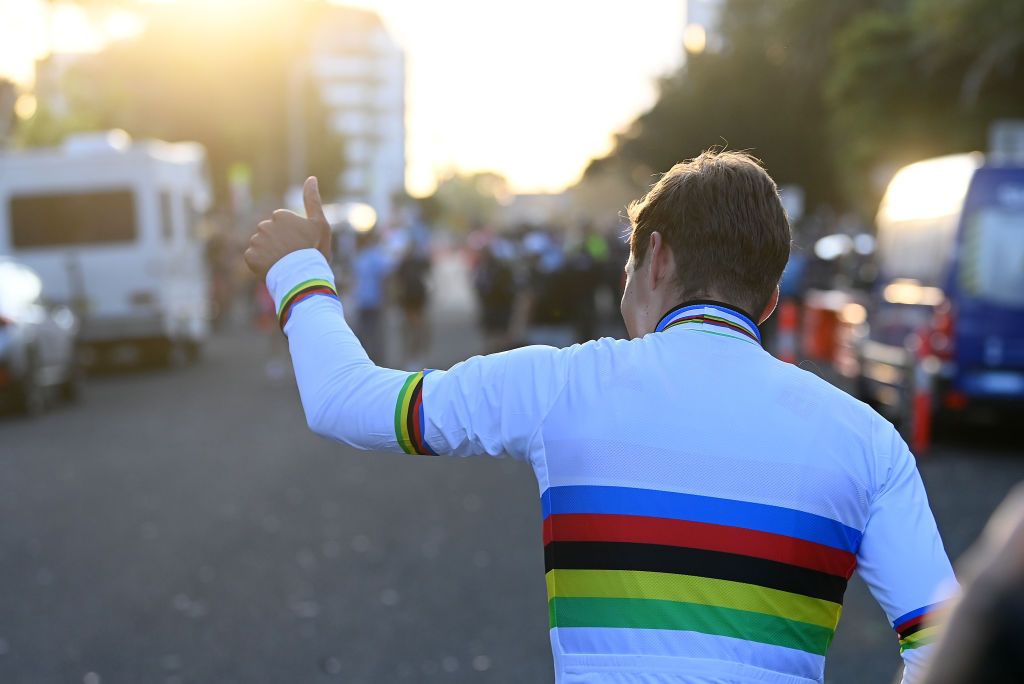 WOLLONGONG AUSTRALIA SEPTEMBER 25 Gold medalist Remco Evenepoel of Belgium celebrates winning after the 95th UCI Road World Championships 2022 Men Elite Road Race a 2669km race from Helensburgh to Wollongong Wollongong2022 on September 25 2022 in Wollongong Australia Photo by Tim de WaeleGetty Images