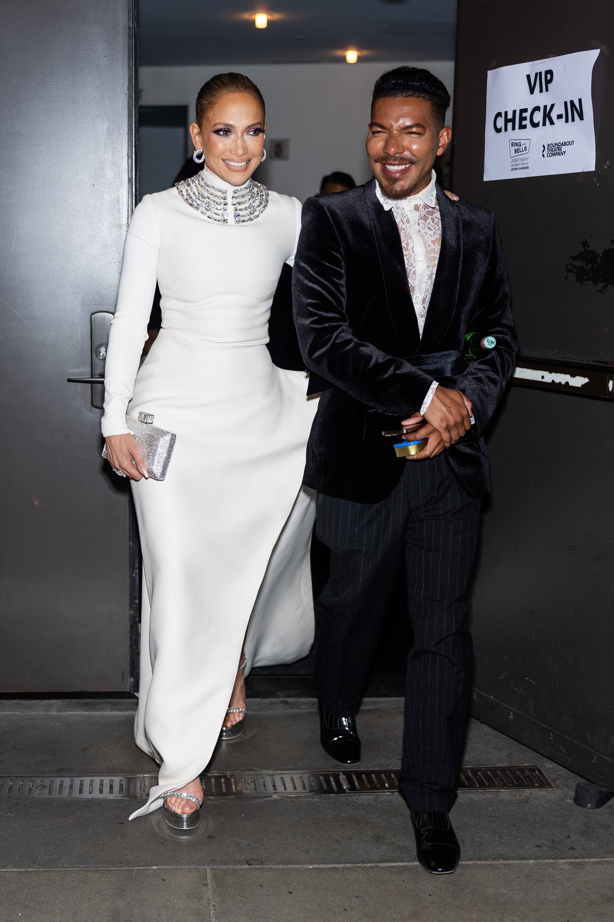Jennifer Lopez (L) and Stevie Mackey attend Ring Them Bells: A Birthday Celebration for John Kander at the Stephen Sondheim Theatre on May 19, 2025 in New York City.