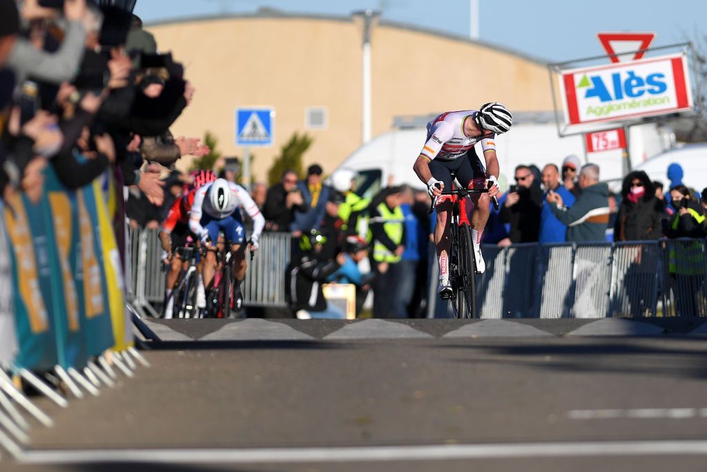 BELLEGARDESURVALSERINE FRANCE FEBRUARY 02 Mad Pedersen of Denmark and Team Trek Segafredo sprints to win during the 52nd toile De Bessges Tour Du Gard 2022 Stage 1 a 1608km stage from Bellegarde to Bellegarde 161m EtoiledeBesseges EDB2022 on February 02 2022 in BellegardesurValserine France Photo by Luc ClaessenGetty Images