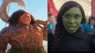 Maui on a boat in Moana 2 and Elphaba singing when she gets to Shiz in Wicked.