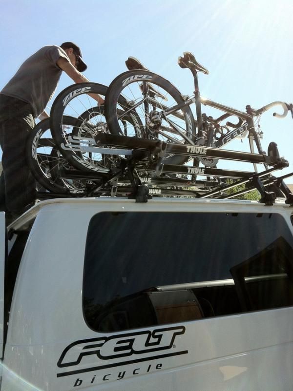 Takes some skilz to load the Felt bicycles up on the Ford van