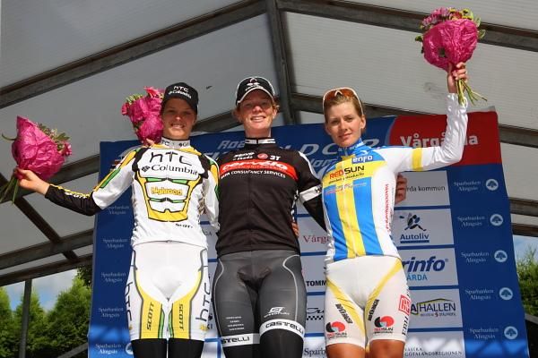 Kirsten Wild (Cervelo Test Team) on the podium with Adrie Visser (HTC - Columbia Women) and Swedish RR Champion, Emma Johansson (Redsun Cycling Team)
