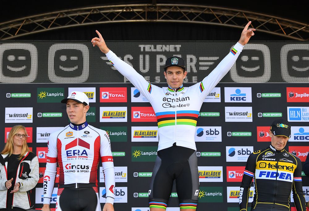 Laurens Sweeck, Wout Van Aert and Lars van der Haar on the Superprestige Niels Albert podium