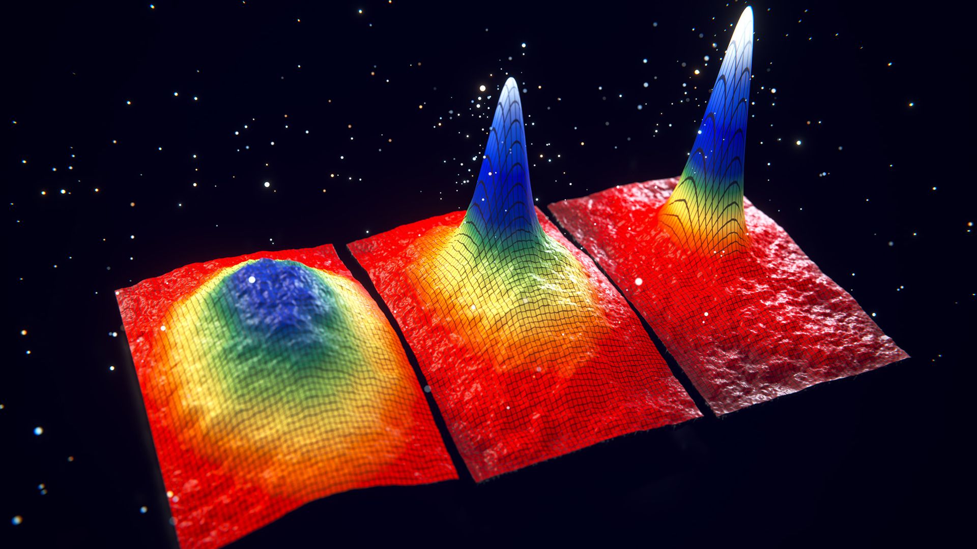 Three 3D maps showing different colored peaks against a black background