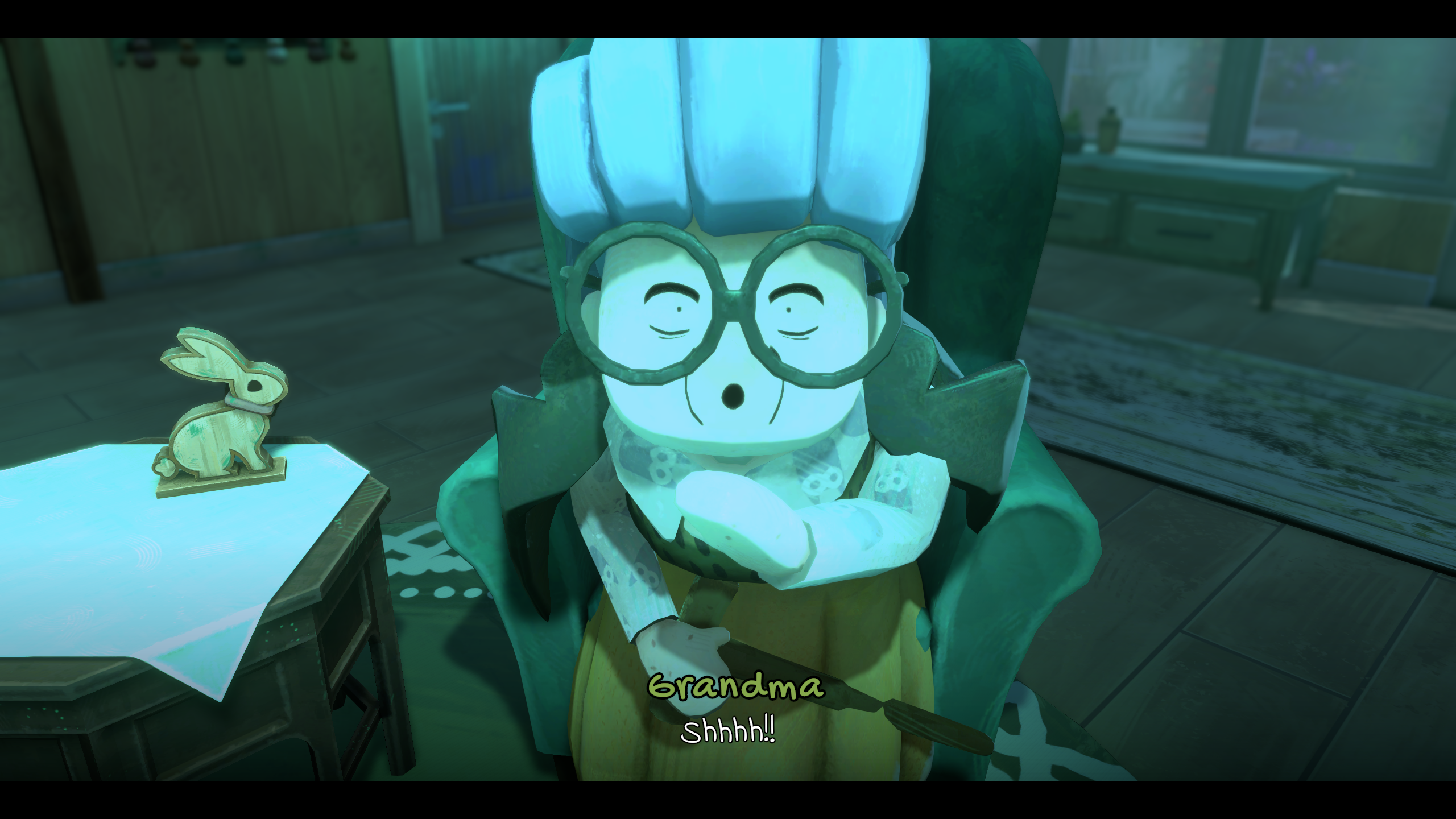 Apple Crumble - A grandmother in an unsettling green lighting with wide eyes emplores the main character "shhhh!"