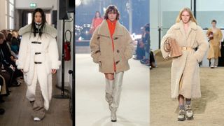 A composite of models on the runway showing coat trends 2022 shearling coats