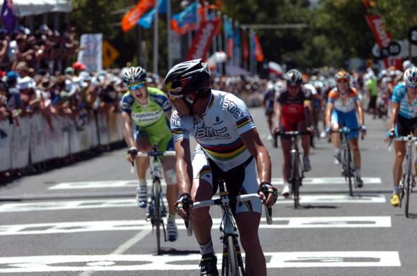 Cadel Evans checks his finishing position