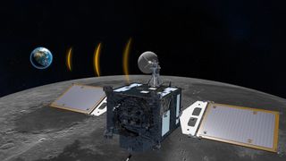 Artist's illustration of Danuri beaming back signals to Earth. The satellite orbits above the surface of the moon and Earth is located in the background of the image against the black background of space.