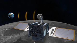 Artist's illustration of Danuri beaming back signals to Earth. The satellite orbits above the surface of the moon and Earth is located in the background of the image against the black background of space. 