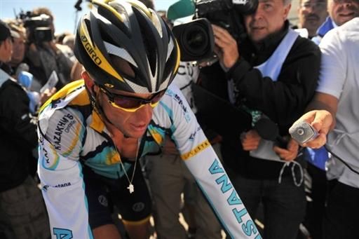 Lance Armstrong (Astana) is surrounded at the finish