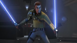 Kanan Jarrus wielding two lightsabers in Star Wars Rebels