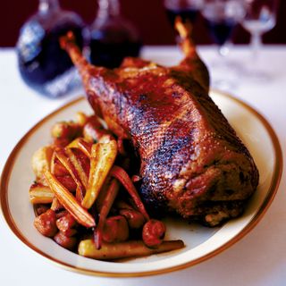 Simon Hopkinson's Goose with Roasted Sweet Potato, Carrots and Parsnips