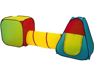 a red, green, yellow and blue children's play tent with a triangular tent on one side with a tunnel leading to a square tent on the other