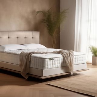 A rerendered image of the Simba Earth Apex mattress in a beige bedroom