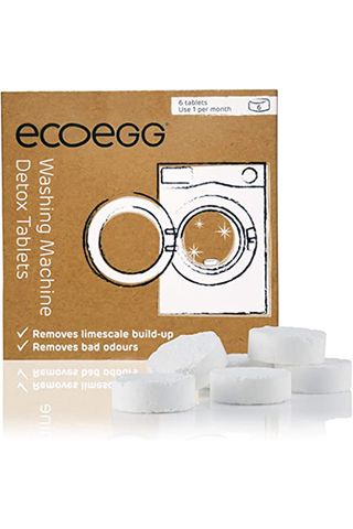 Six Ecoegg washing machine detox tablets in brown cardboard box packaging