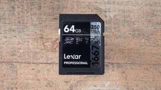 Lexar 1667x, one of the best SD cards, on a wooden surface