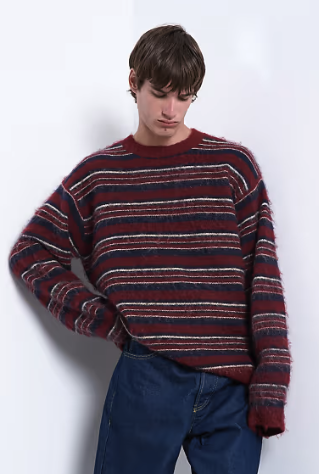 Relaxed fit fluffy knitted stripe jumper in burgundy