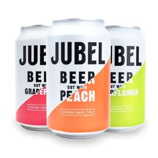A selection of JUBEL beer in grapefruit, elderflower and peach flavors