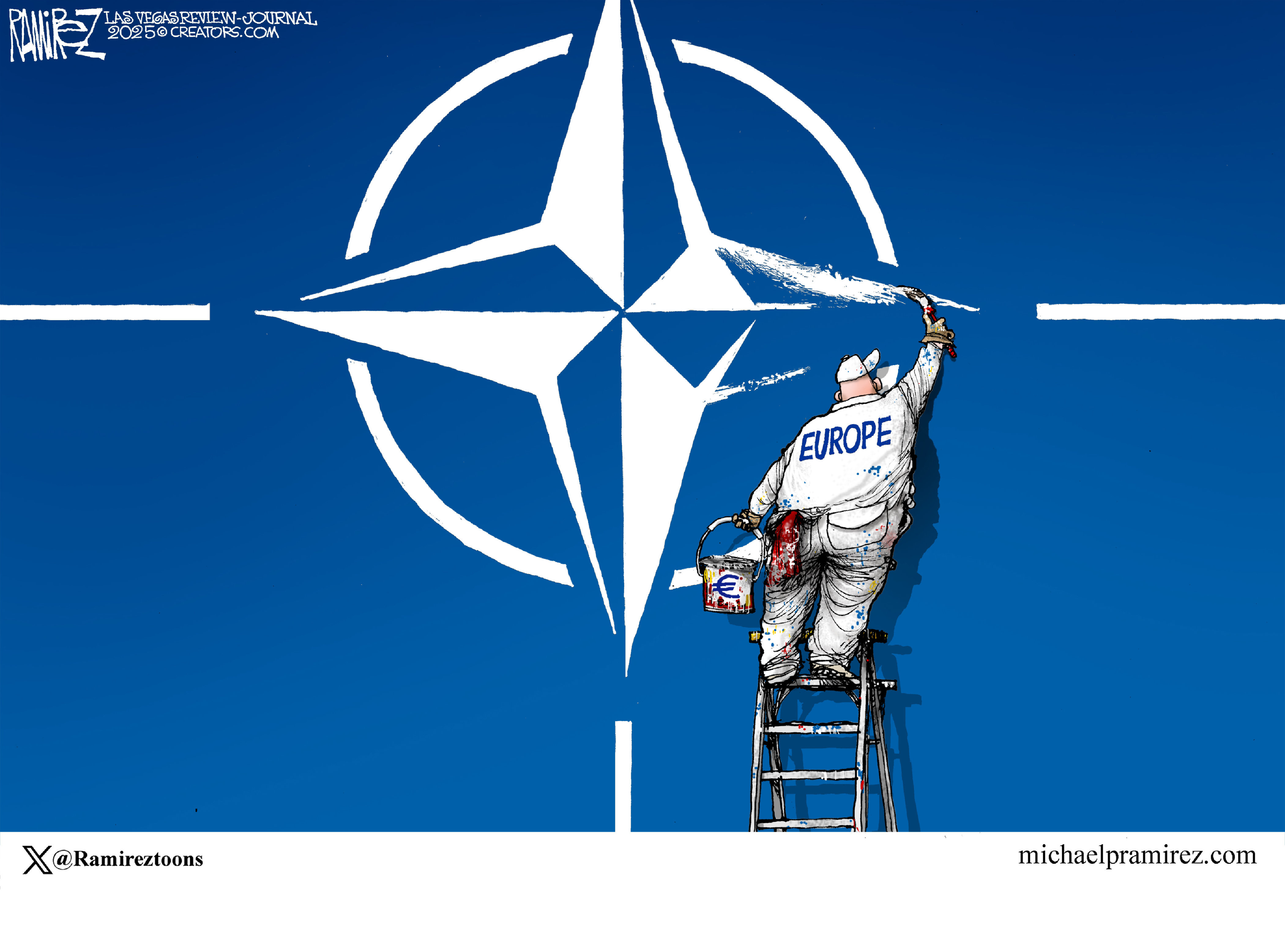 This cartoon depicts a painter labeled “EUROPE” standing on a ladder while he paints a fresh version of the NATO symbol.