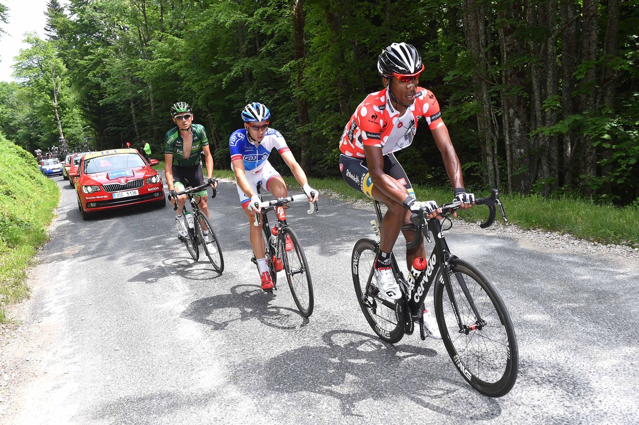 Daniel Teklehaimanot wears the mountains jersey