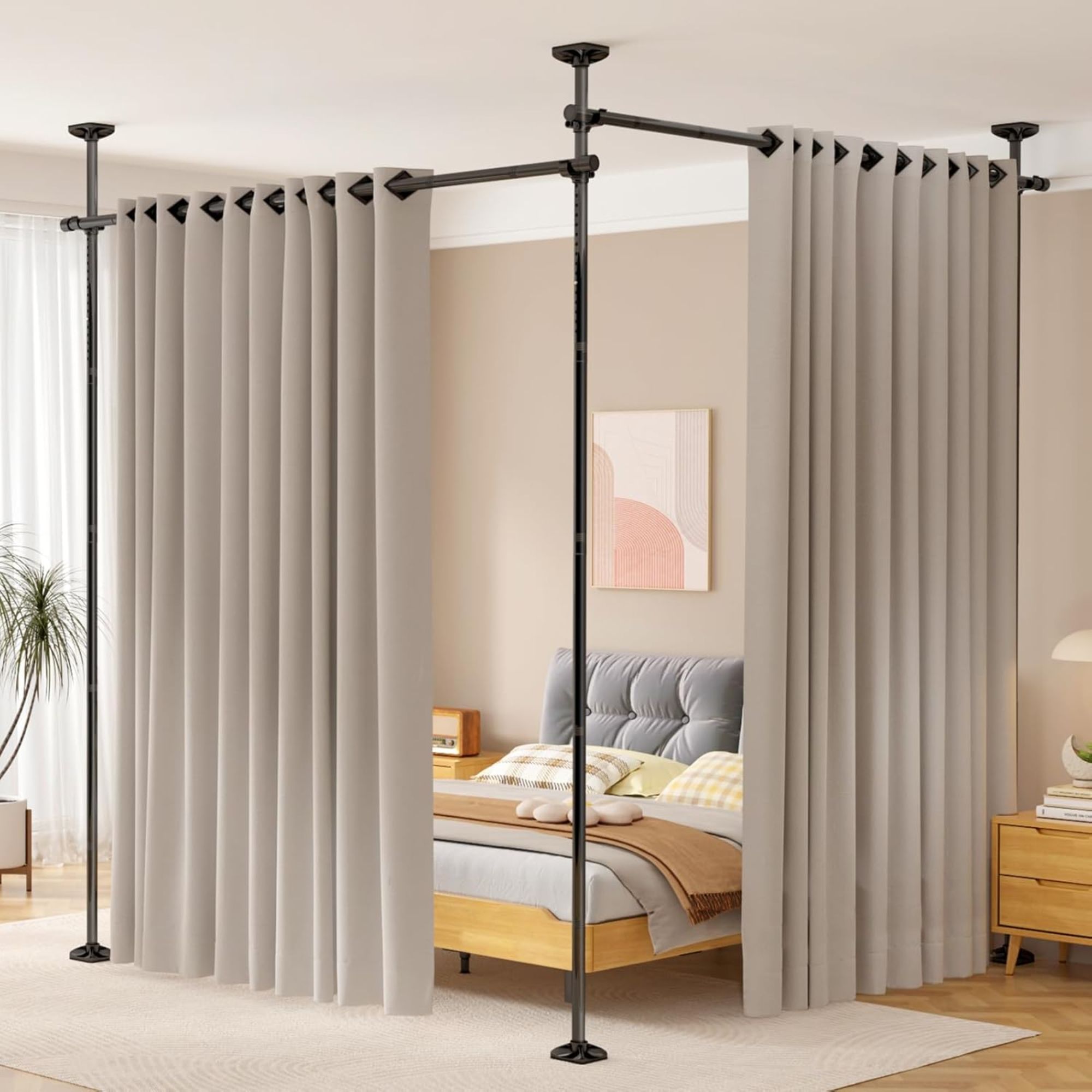 Beige Room Divider curtain with black rods surrounding a wooden bedframe in a modern bed space.