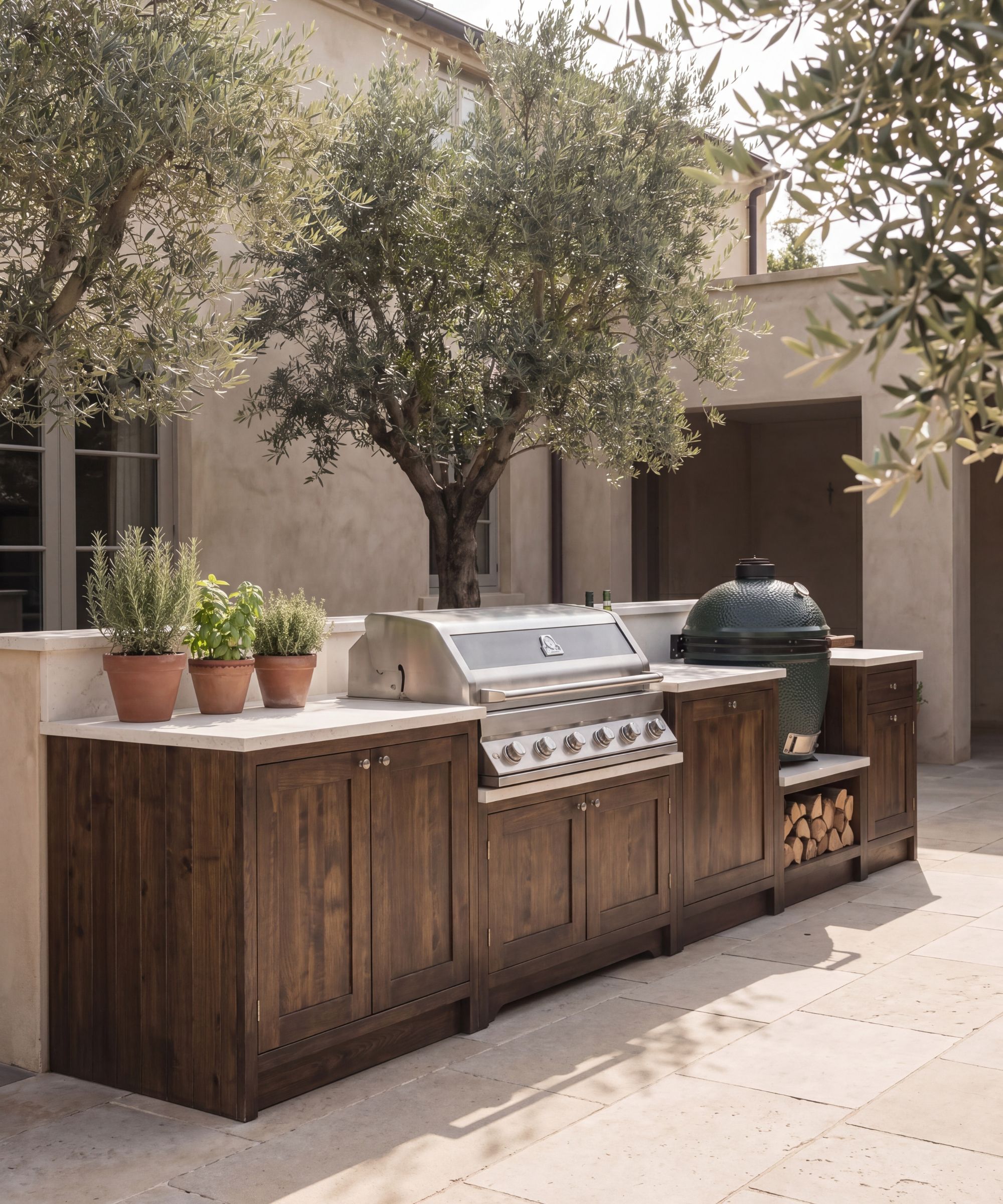 A dark wood outdoor kitchen with shaker cabinets, a white countertop, a green egg BBQ and three potted herbs