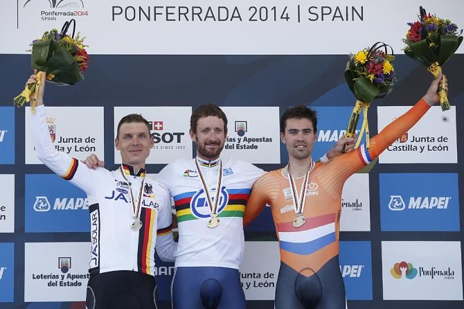 The elite men's podium: Tony Martin, Brad Wiggins and Tom Dumoulin