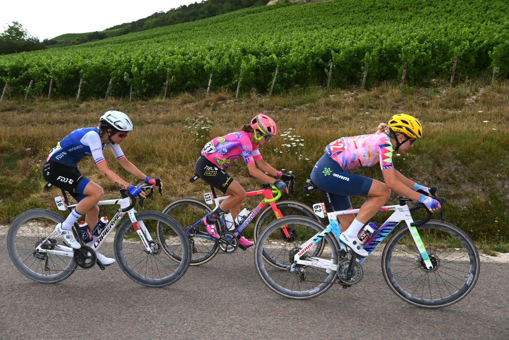 BARSURAUBE FRANCE JULY 27 Evita Muzic of France and Team Fdj Nouvelle Aquitaine Futuroscope Veronica Ewers of United States and Team EF Education Tibco Svb and Alena Amialiusik of Belarus and Team CanyonSRAM Racing compete in the chase group during the 1st Tour de France Femmes 2022 Stage 4 a 1268km stage from Troyes to BarSurAube TDFF UCIWWT on July 27 2022 in BarsurAube France Photo by Tim de WaeleGetty Images