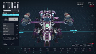 A missile launcher is highlighted on a purple spaceship in Starfield's ship builder interface.