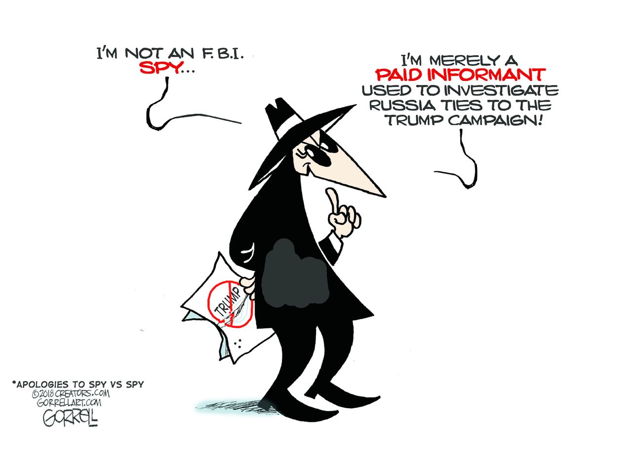 Political cartoon US FBI Russia investigation Trump spy informant.