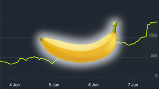 A banana from Banana, rendered above a SteamDB chart.